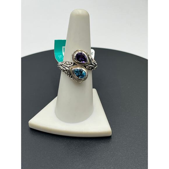 Effy Balissima Sterling Silver 18k Blue Topaz Amethyst Gemstones Bypass Ring 7.5 - Picture 15 of 15